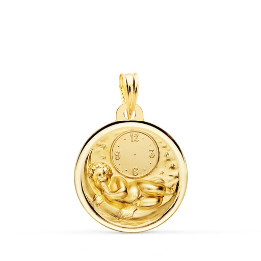 [PP9310-118] 18K MEDALLA NIÑO DE LA HORA SOBRE LUNA CON RELOJ EN BISEL 18 MM