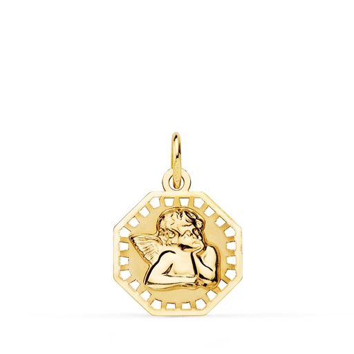[PP9316-817] 18K MEDALLA OCTOGONAL ANGELITO BURLON BRILLO Y MATE 14X14 MM