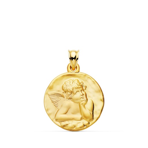[PP9318-024] 18K MEDALLA ORO AMARILLO REDONDA ANGELITO BURLON MATIZADO  24 MM