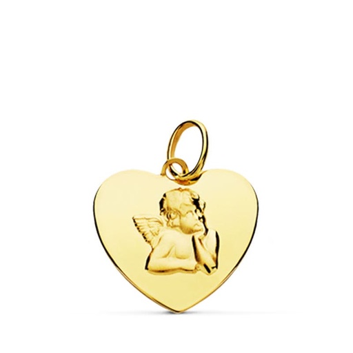 [PP9319-014] 18K COLGANTE CORAZON BRILLO Y ANGELITO BURLON. 14 MM