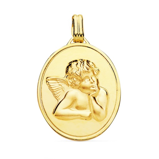 [PP9329-123] 18K COLGANTE MEDALLA ACABADO EN BRILLO Y ANGEL BURLON EN MATIZADO 24X18 MM