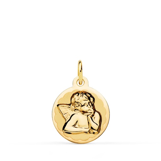 [PP9337-814] 18K MEDALLA REDONDA ANGELITO BURLON BRILLO Y MATE 14 MM