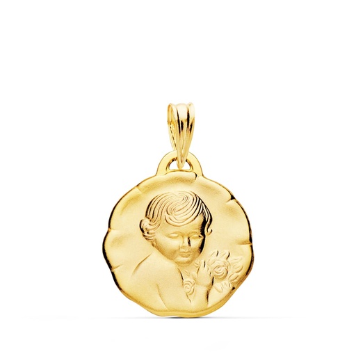 [PP9341-019] 18K MEDALLA ANGEL NIÑO DE LA FLOR 17 MM