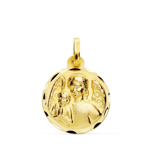 [PP9342-316] 18K MEDALLA ANGEL DE LA GUARDA CON NIÑO TALLADA 16 MM