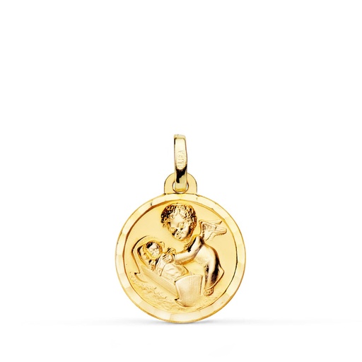 [PP9345-316] 18K MEDALLA ANGEL DE LA GUARDA CON NIÑO 15 MM BISEL