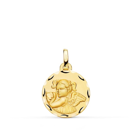 [PP9351-316] 18K MEDALLA ORO AMARILLO ANGEL NIÑA REVOLTOSA TALLADA 16 MM