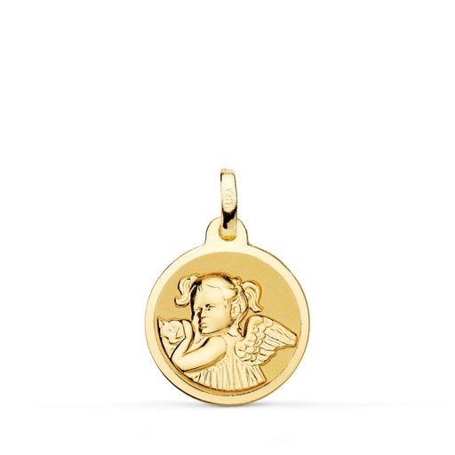 [PP9351-814] 18K MEDALLA ANGEL NIÑA REVOLTOSA EN BRILLO 14 MM
