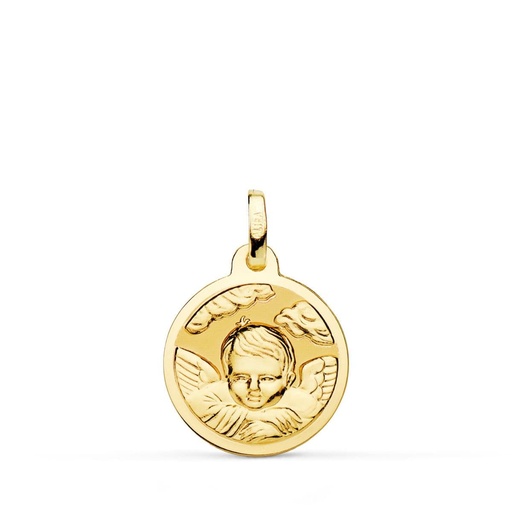 [PP9353-816] 18K MEDALLA ORO AMARILLO ANGEL NIÑO EN LA NUBE BRILLO 16 MM